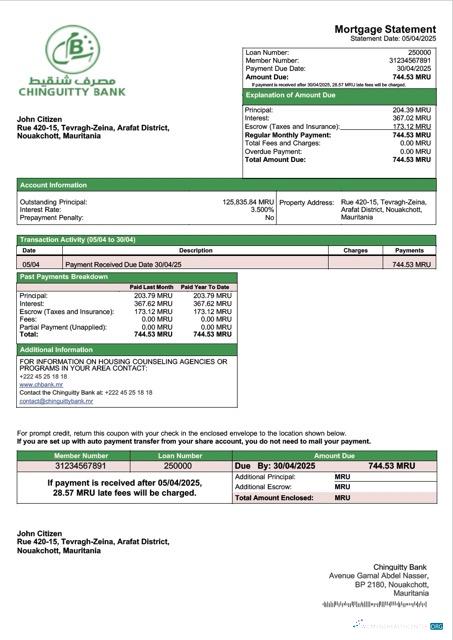 Download Mauritania Chinguitty Bank mortgage statement Word and PDF template Photoshop template